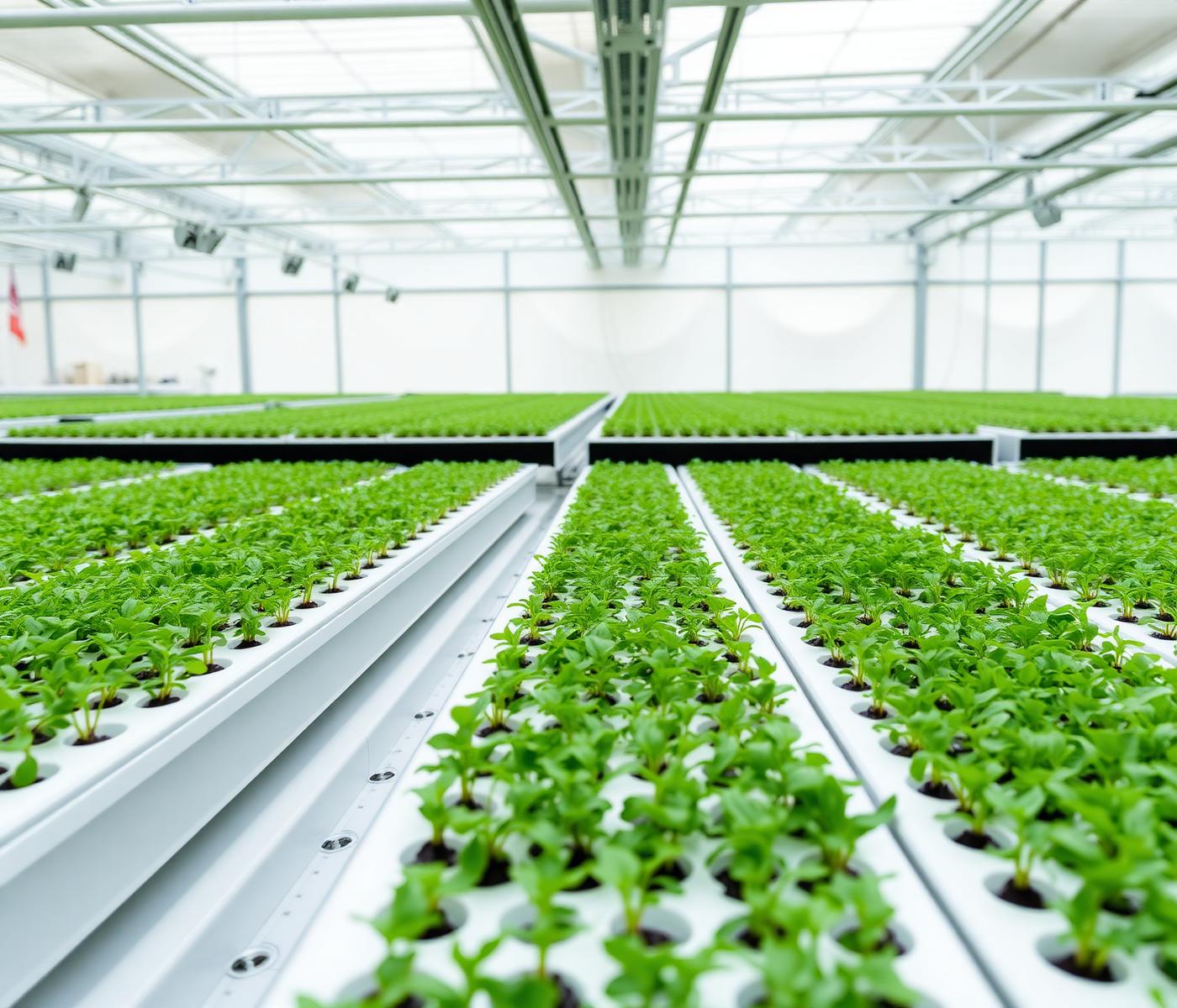 Clean indoor farm growing trays of microgreens